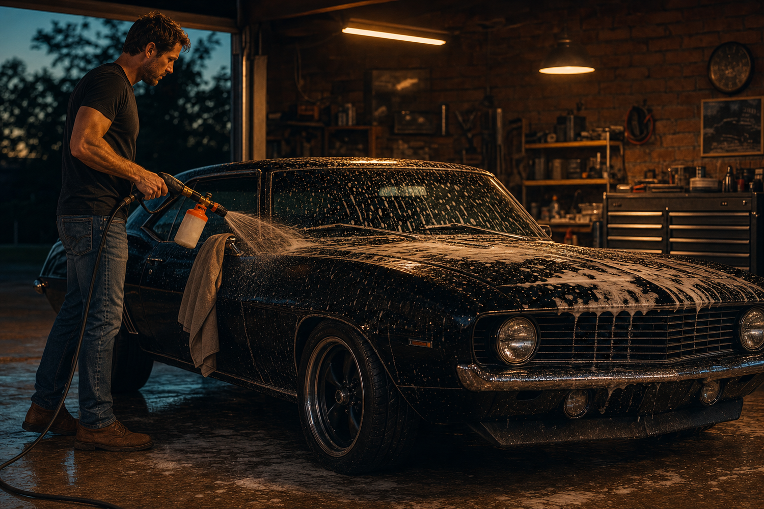 Man washing classic muscle car at dusk
