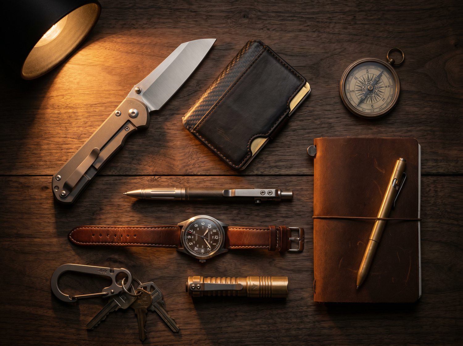EDC flatlay - knife, wallet, watch, compass, flashlight