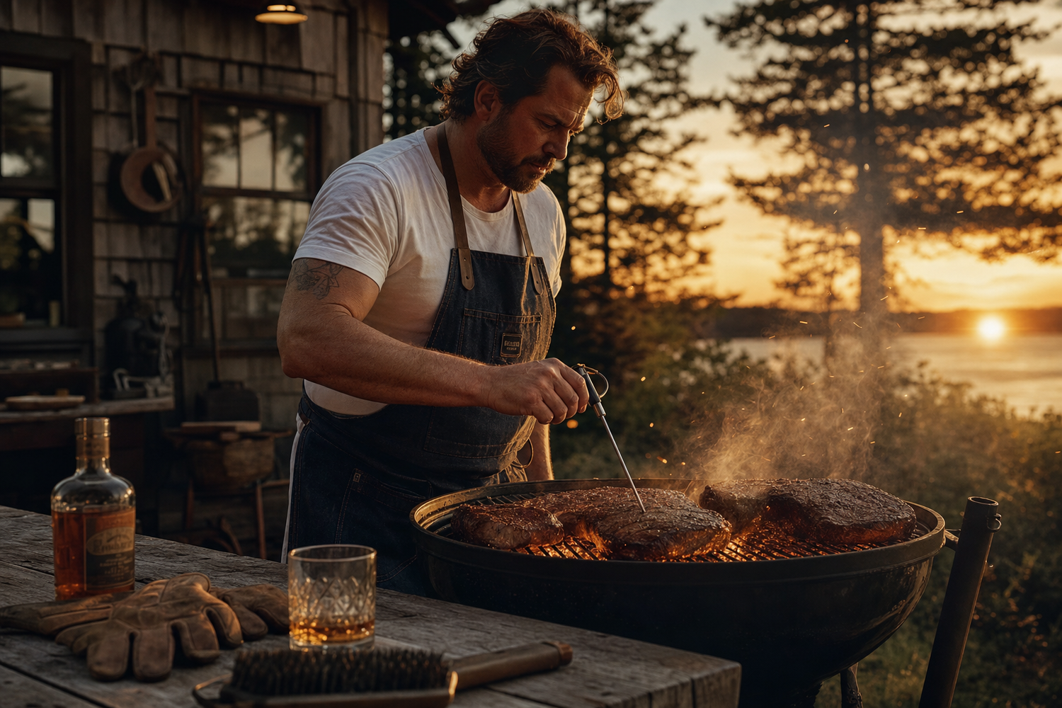 Man grilling steaks at sunset