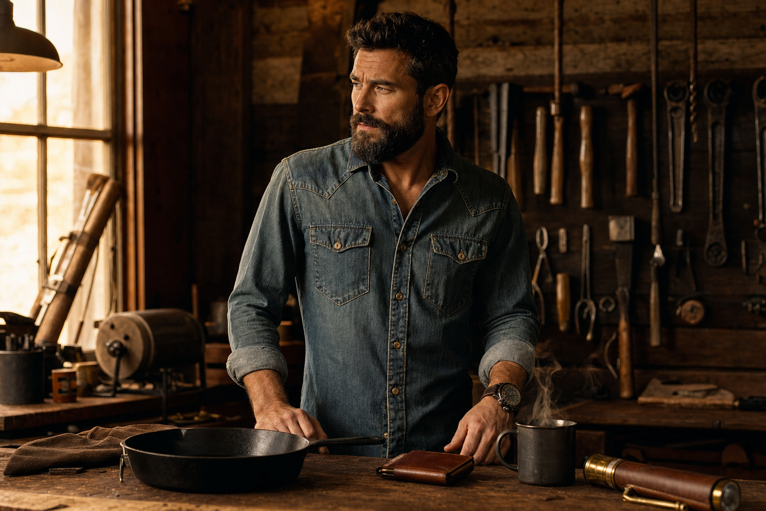 Workshop scene with heritage tools