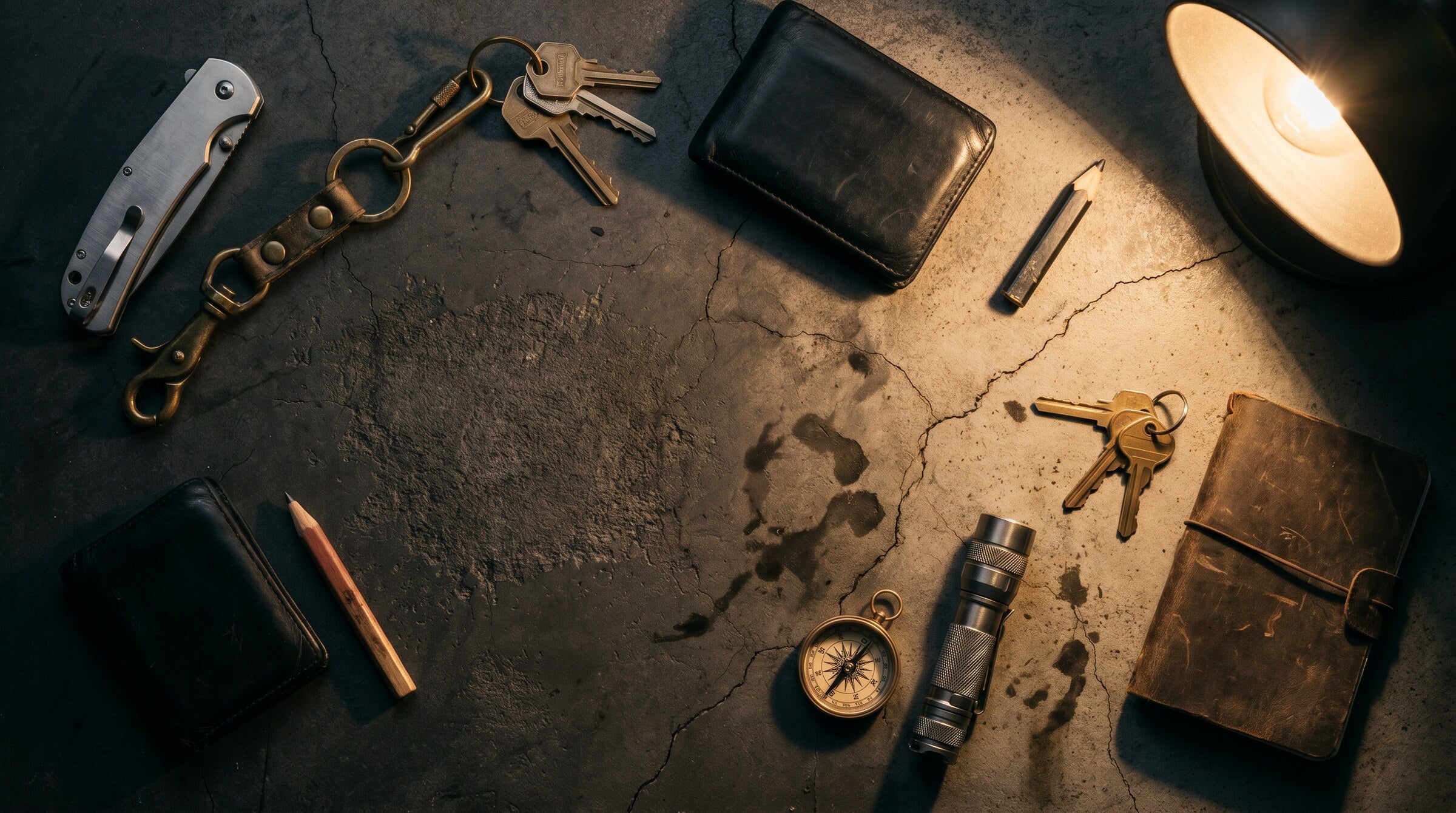 Dark concrete and steel flat lay hero