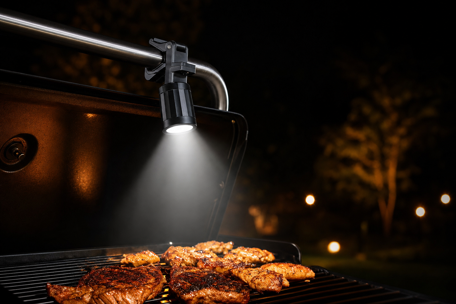 Magnetic LED BBQ grill light clamped to grill handle